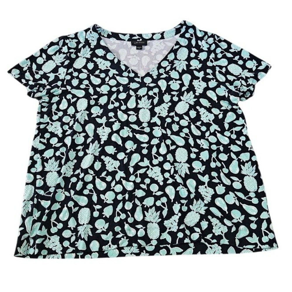 J. Jill Wearever Collection Fruit Print V-Neck Top Women Medium Navy Mint Green